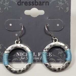 2/$30 Hammered Silver tone Hood 1-inch Earrings - Blue thread Design - Jewelry